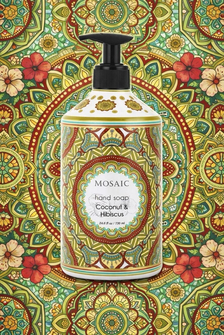 Home & Body Co. -Mosaic Hand Soap- Scent: Coconut & Hibiscus- 24.6 fl oz/ 730 mL